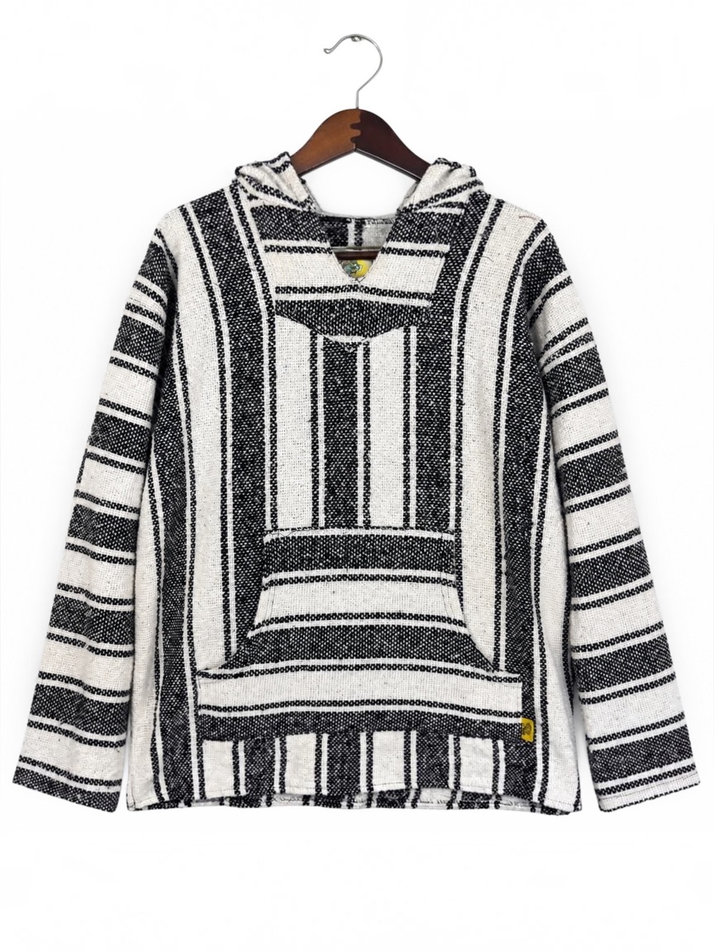 Iguana Jack Baja Hoodie Black White Mexican Woven Pullover XL
